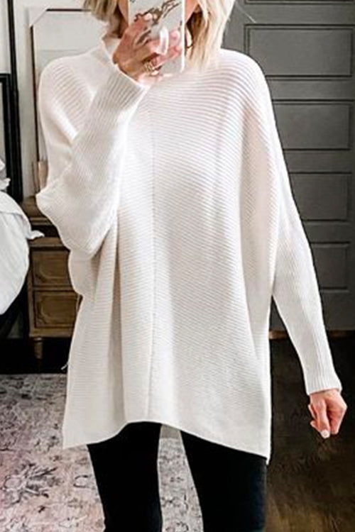 Moxidress Solid Turtleneck Ribbed Knit Tunic Sweater