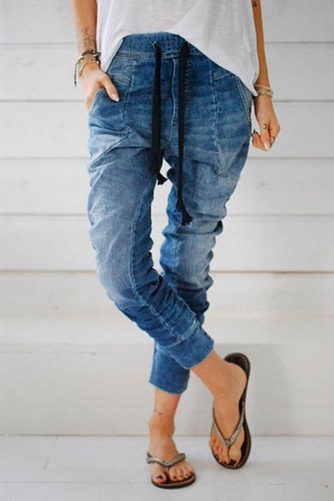 Moxidress Drawstring Waist Ruched Harem Denim Joggers