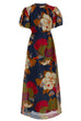 Moxidress Puff Sleeve Cut Out Waist Floral Maxi Swing Dress