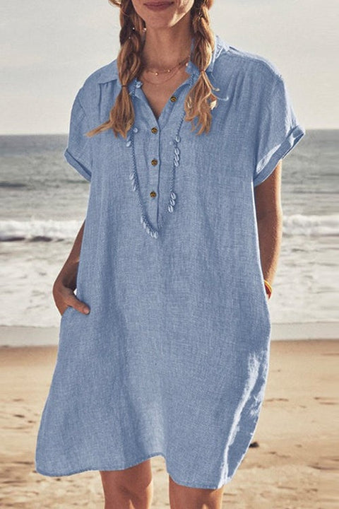 Moxidress Lapel Buttons Cotton Linen Shirt Dress