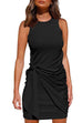 Moxidress Crewneck Knot Front Ruched Sleeveless Dress