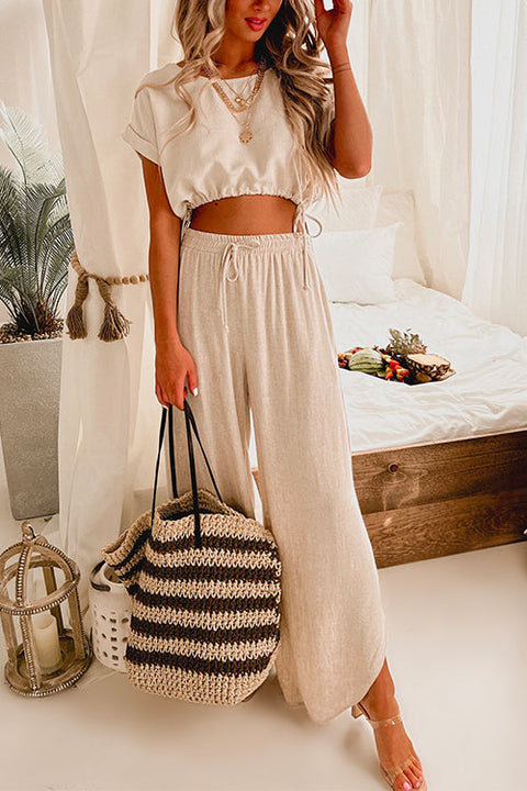 Moxidress Drawstring Hem Crop Top Wide Leg Pants Loungewear Set