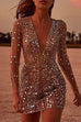 Moxidress Deep V Neck Mesh Sleeve Mini Sequin Club Dress