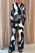 Moxidress Graphic Printed Long Sleeve Blouse Shirt Wide Leg Pants 2 Pieces Set