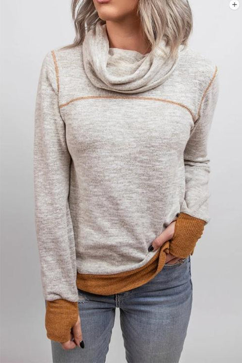 Moxidress Casual Cowl Neck Color Block Sweatshirt with Thumb Hole