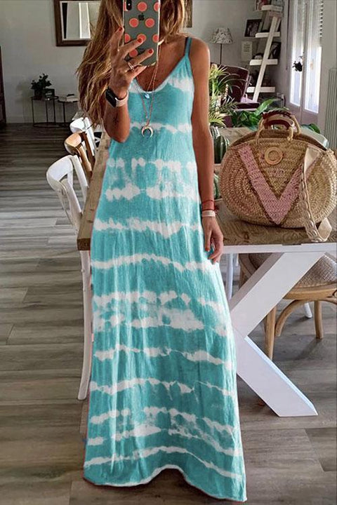 Moxidress Sleeveless V Neck Tie Dye Maxi Cami Beach Dress