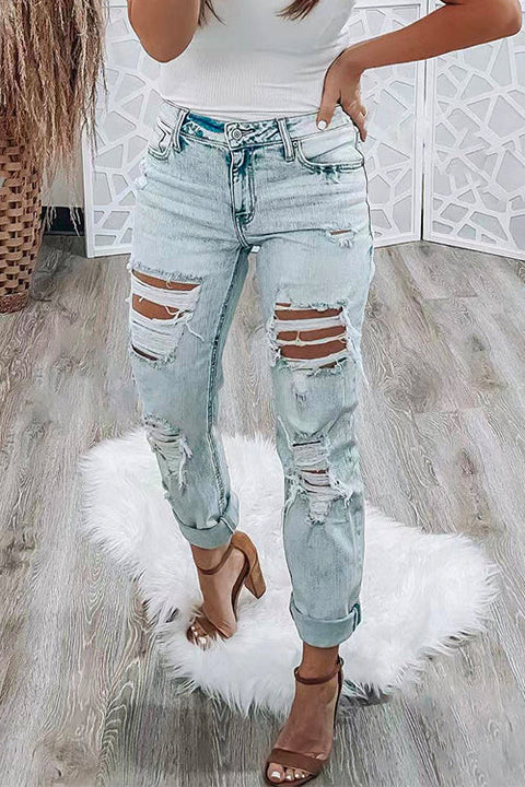 Moxidress Distressed High Rise Ripped Boyfriend Denim Pants