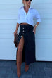 Moxidress High Rise Button Down Slit Denim Skirt