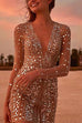 Moxidress Deep V Neck Mesh Sleeve Mini Sequin Club Dress