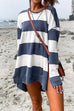 Moxidress Crewneck Side Split High Low Hem Striped Pullovers