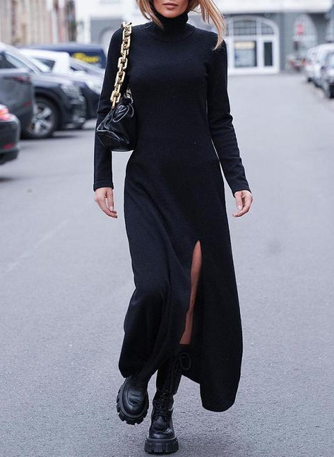 Moxidress Turtleneck Long Sleeve High Split Maxi Dress