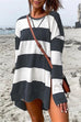 Moxidress Crewneck Side Split High Low Hem Striped Pullovers