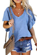 Moxidress V Neck Ruffle Sleeves Loose T Shirt