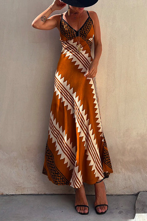 Moxidress V Neck Color Block Printed Maxi Swing Cami Dress