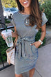 Moxidress Tie Waist Short Sleeve Pockets Striped T Shirt Dress