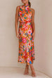 Moxidress Tie Back Halter Sleeveless Waisted Maxi Floral Dress