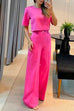 Moxidress Crewneck Short Sleeve Crop Top Wide Leg Palazzo Pants Outfits Set