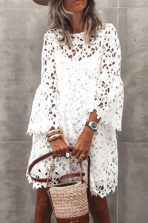 Moxidress Bell Sleeves Hollow Out Lace Dress with Slip