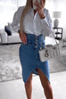 Moxidress High Waist Slit Front Knee Length Denim Skirt