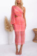 One Shoulder Bishop Sleeves Cut Out Striped Mesh Dress