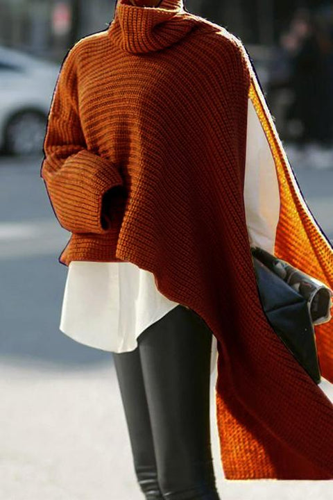Moxidress Turtleneck Asymmetric Slit Sleeve Ribbed Knit Sweater