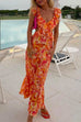 Moxidress V Neck Cut Out Tie Back Printed Ruffle Maxi Dress