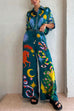 Moxidress Cartoon Printed Rolled Up Sleeves Blouse Shirt Wide Leg Pants Holiday Set