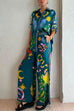 Moxidress Cartoon Printed Rolled Up Sleeves Blouse Shirt Wide Leg Pants Holiday Set