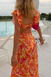 Moxidress V Neck Cut Out Tie Back Printed Ruffle Maxi Dress