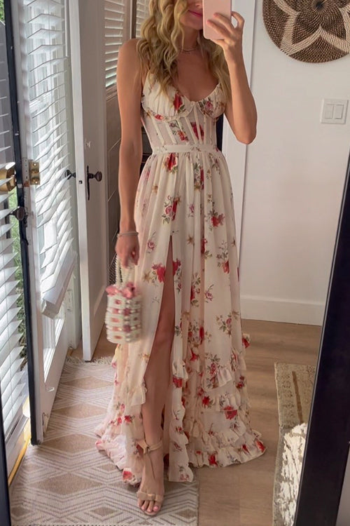 Moxidress Spaghetti Strap Ruffle Layered Slit Dainty Floral Maxi Dress