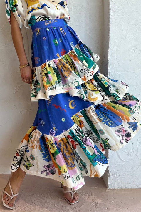 Moxidress Graffiti Printed Ruffle Layered Skirt