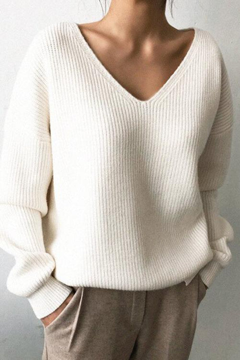 Moxidress Solid V Neck Irregular Hem Knit Pullovers