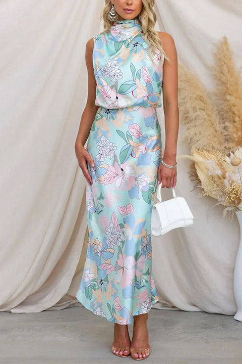 Moxidress Irregular Tie Neck Waisted Floral Printed Maxi Satin Dress