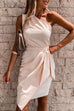 Moxidress One Shoulder Sleeveless Tie Waist Ruched Dress