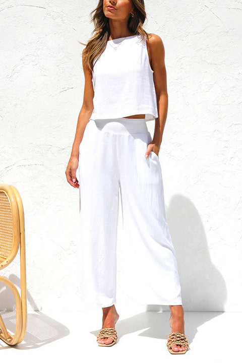 Moxidress Buttons Tank Top and Pockets Wide Leg Crop Pants Set