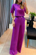 Moxidress Crewneck Short Sleeve Crop Top Wide Leg Palazzo Pants Outfits Set