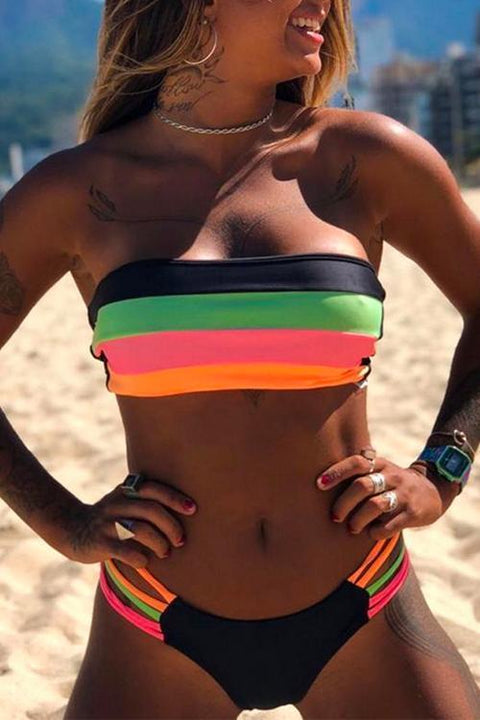 Moxidress Rainbow Striped Tube Top Bandeau Bikini Set