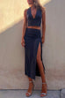 Moxidress Deep V Neck Sleeveless Crop Top Drawstring Side Split Skirt Set