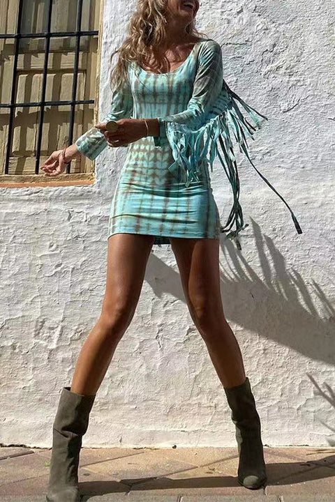 Moxidress Tie Dye Long Sleeves Tassle Mini Dress