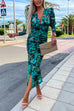 Moxidress Deep V Neck Long Sleeve Ruched Slit Printed Bodycon Dress