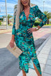 Moxidress Deep V Neck Long Sleeve Ruched Slit Printed Bodycon Dress