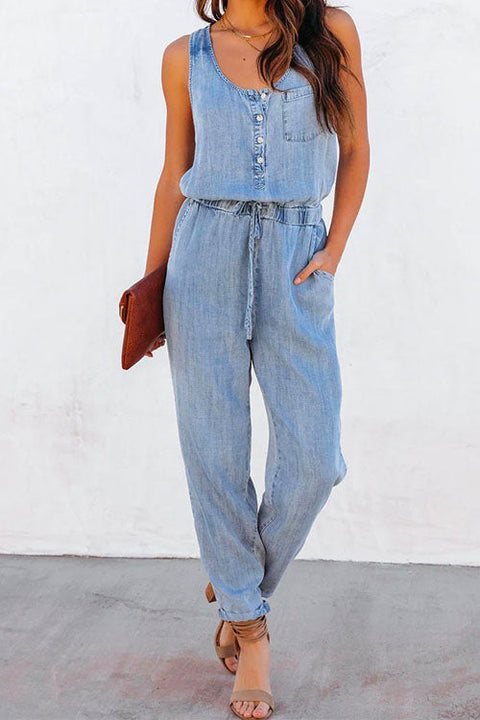 Moxidress Drawstring Waist Distressed Denim Tank Jumpsuit