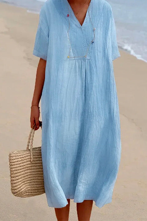 Moxidress V Neck Short Sleeve Baggy Cotton Linen Midi Dress