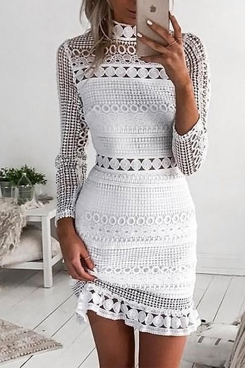 Moxidress Mockneck Back Zipper Lace Splice Hollow Out Dress