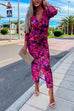 Moxidress Deep V Neck Long Sleeve Ruched Slit Printed Bodycon Dress