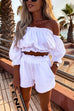 Moxidress Ruffle Off Shoulder Short Sleeves Crop Top Elastic Waist Shorts Set