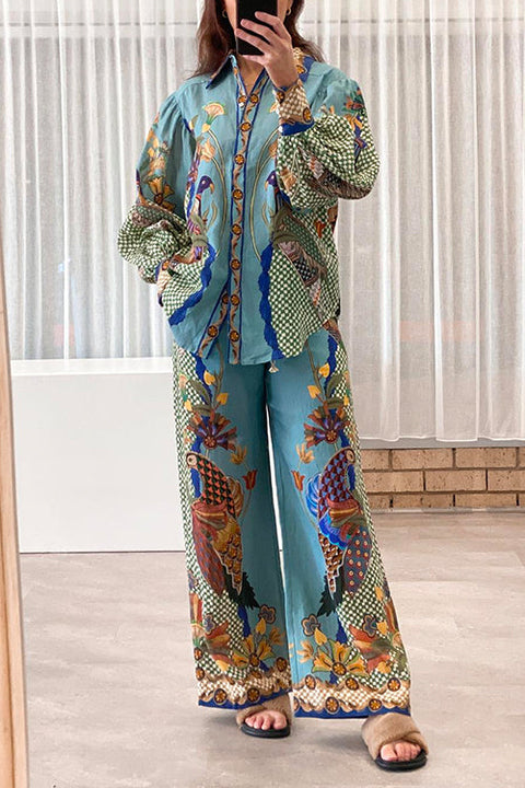 Moxidress Birds Printed Puff Long Sleeves Blouse Shirt Wide Leg Pants Vacation Set