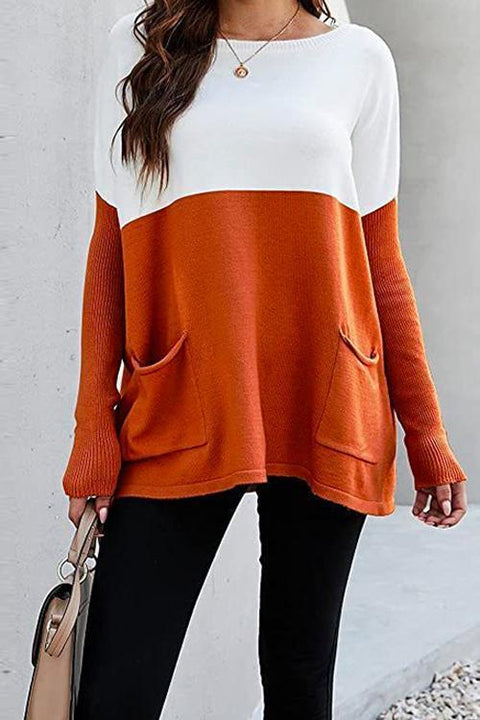 Moxidress Color Block Knit Pullovers With Pockets