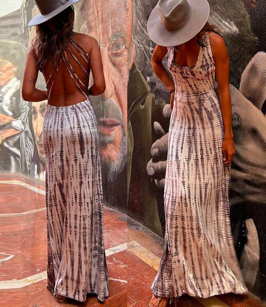 Moxidress Criss Cross Open Back Tie Dye Maxi Dress