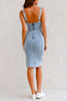 Moxidress Adjustable Straps U Neck Slit Denim Bodycon Cami Dress